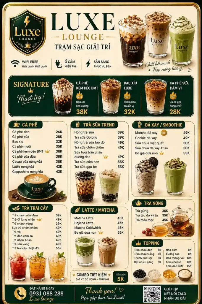 Menu quán cafe sân vườn 24h & Game Nintendo quận 7 Luxe Lounge